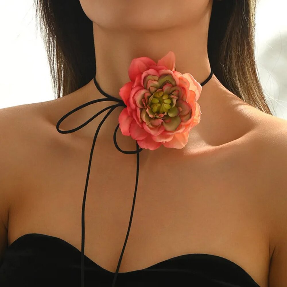 NEW Romantic French Coquette Mauve Pink Fabric Flower Choker Necklace